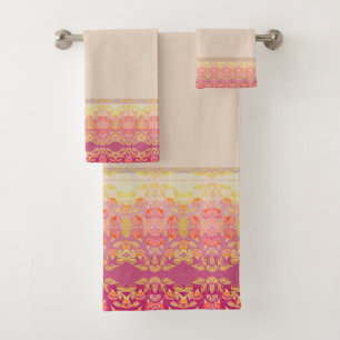 Pink And Apricot Floral Bath Towel Set