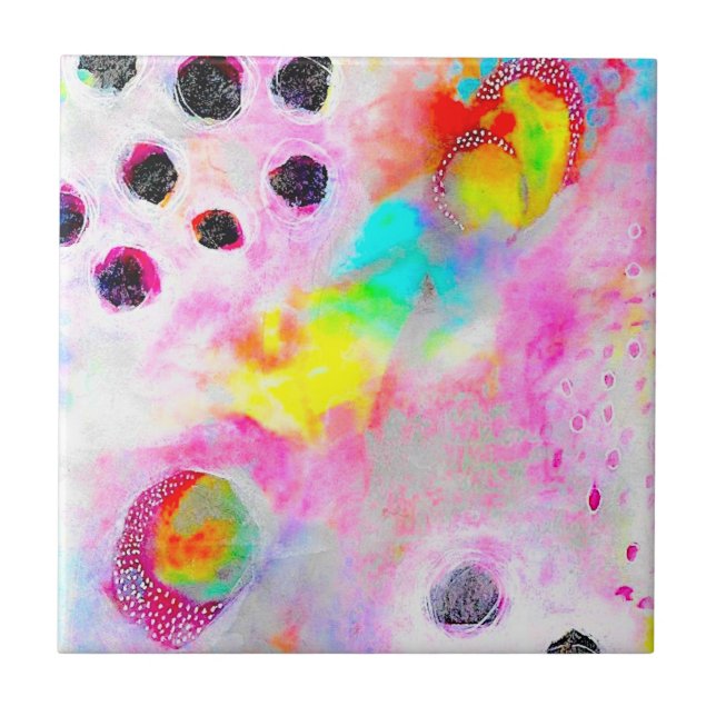 Pink and Aqua Abstract Ceramic Tile (Front)