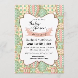 Pink and Aqua Blue Hot Air Balloons Baby Shower Invitation