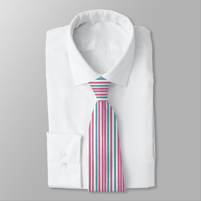  Pink and Aqua Blue Painted Striped Pattern Paper Tie (Tied)