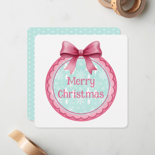 Pink and Aqua Christmas Ornament Card (Front/Back In Situ)