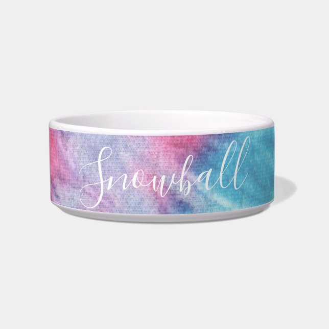 Pink and Aqua Colourful Tie Dye Personalised Pet Bowl (Front)