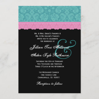 Pink and Aqua Damask Lace Wedding Monogram P524 Invitation