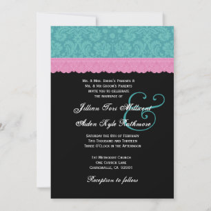 Pink and Aqua Damask Lace Wedding Monogram P524 Invitation