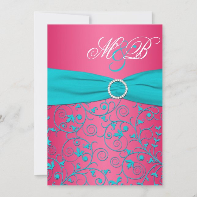Pink and Aqua Damask Monogrammed Invitation (Front)