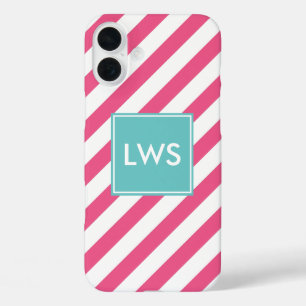 Pink and Aqua Diagonal Stripes Monogram iPhone 16 Plus Case