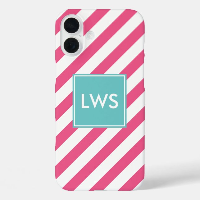 Pink and Aqua Diagonal Stripes Monogram Case-Mate iPhone Case (Back)