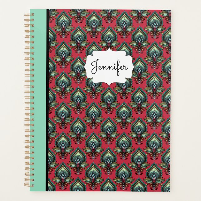 Pink and Aqua Fancy Pattern Boho Name Planner (Front)