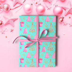 Pink and Aqua Festive Christmas  Wrapping Paper