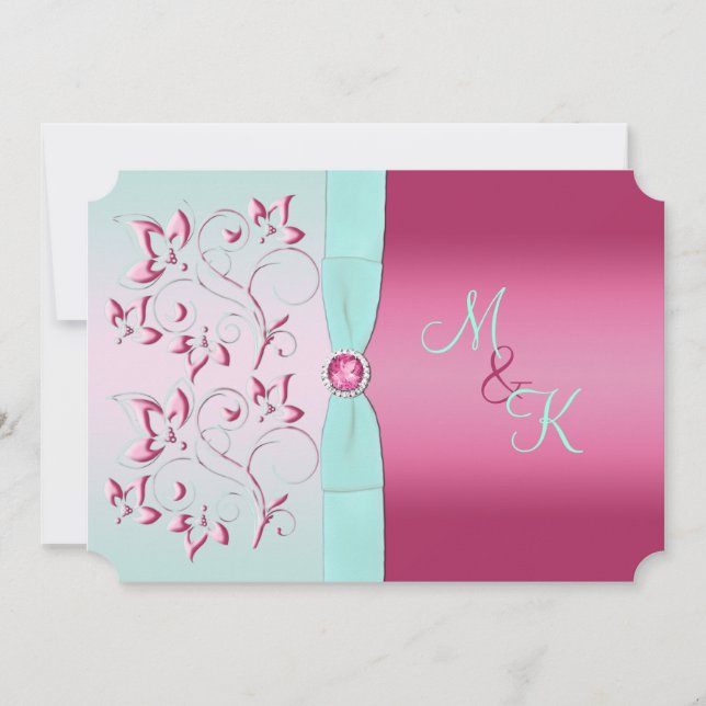 Pink and Aqua Floral Monogrammed Invitation (Front)