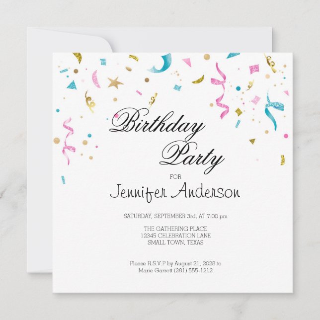Pink and Aqua Glitter Confetti Invitation (Front)