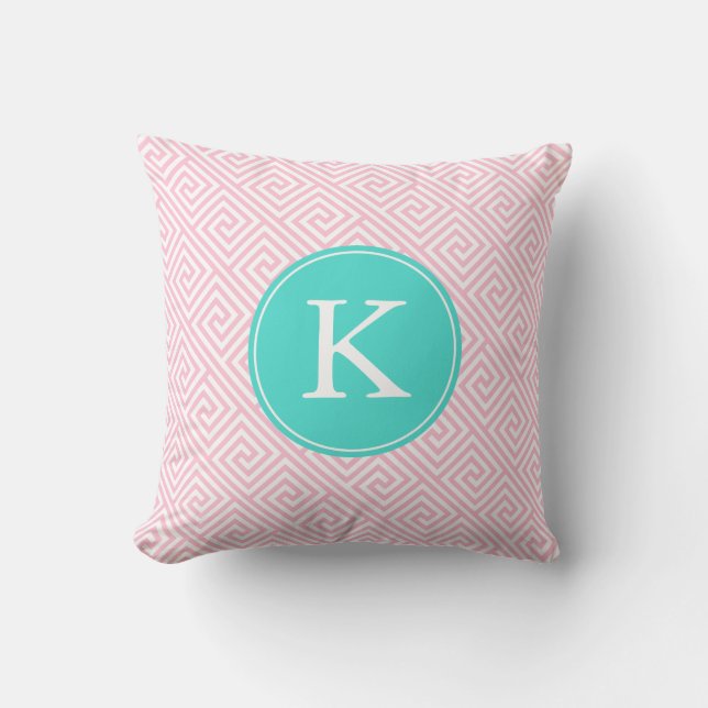Pink and Aqua Greek Key Pattern Monogram Cushion (Front)