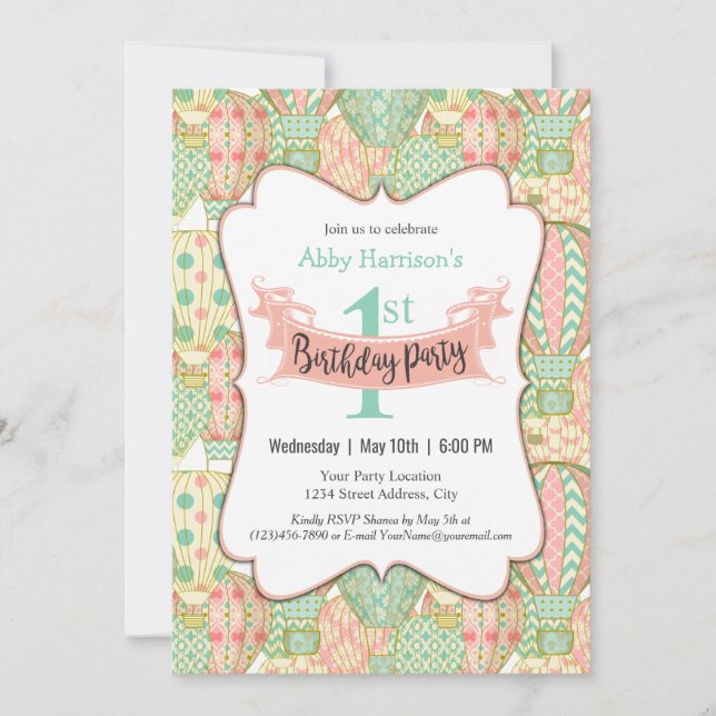 Pink and Aqua Hot Air Balloons Birthday Party Invitation (Front)