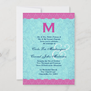 Pink and Aqua Lace Monogram Wedding F585 Invitation