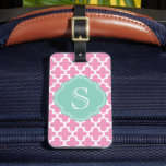 Pink and Aqua Modern Moroccan Custom Monogram Luggage Tag<br><div class="desc">Chic Girly Preppy Modern Moroccan Quatrefoil Lattice Design with Custom Personalised Monogram Name or Initial</div>