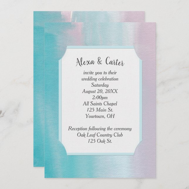 Pink and Aqua Watercolor Wedding Invite (Front/Back)
