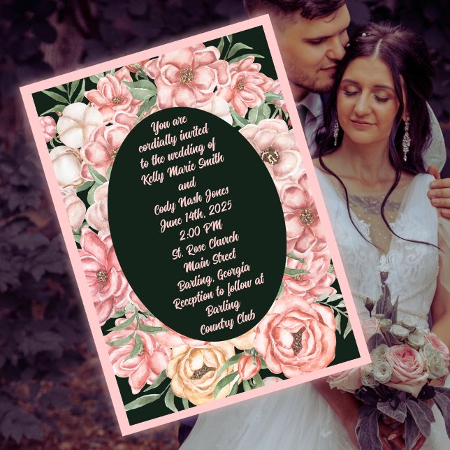 Pink and Beige Flower Oval on Deep Green Wedding Invitation (Creator Uploaded)