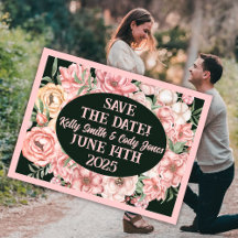 Pink and Beige Flower Oval on Green Save-the-Date