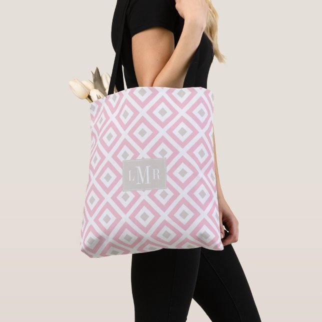 Pink and Beige Geometric Pattern Monogrammed Tote Bag (Close Up)