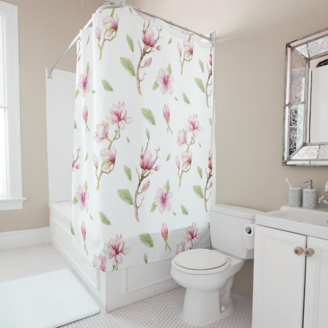 Pink And Beige Magnolia Shower Curtain (In Situ)