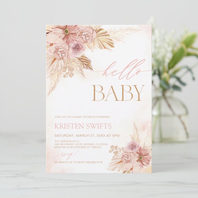 Pink and Beige Pampas Grass Baby Shower Hello Baby Invitation (Standing Front)