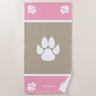 Pink And Beige Paws With Custom Name Beach Towel