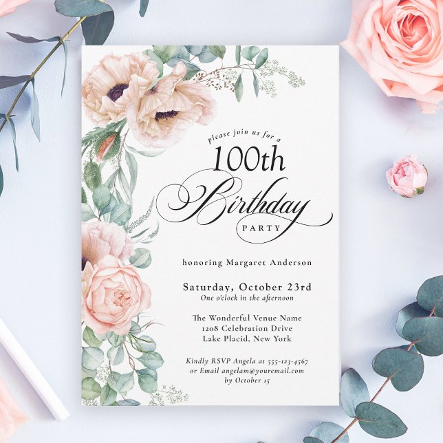 Pink and Beige Watercolor Floral 100th Birthday Invitation (A beautifully feminine invitation to celebrate a special 100th Birthday!
)