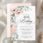 Pink and Beige Watercolor Floral 60th Birthday Invitation<br><div class="desc">A beautifully feminine 60th birthday party invitation to celebrate this special milestone birthday, this design features lovely bouquets of soft watercolor poppies, roses, eucalyptus and trailing greenery in pastel beige, pink, green and blue-green. Celebrate the guest of honour in charming style with birthday spelled out in beautiful calligraphy script. Personalise...</div>