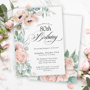Pink and Beige Watercolor Floral 80th Birthday Invitation