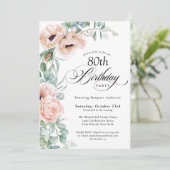 Pink and Beige Watercolor Floral 80th Birthday Invitation (Standing Front)
