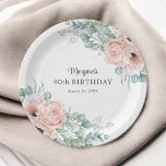 Pink and Beige Watercolor Floral 90th Birthday Paper Plate<br><div class="desc">A beautifully feminine personalised design featuring bouquet borders of watercolor poppies, roses, eucalyptus and trailing greenery in pastel beige, pink, green and blue-green. Personalise the text template with the name of the Guest of Honour's Name and birthday date or date of your celebration. These plates come in 2 sizes: shown...</div>