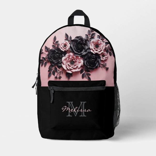 Pink And Black 3D Roses Printed Backpack (Front)