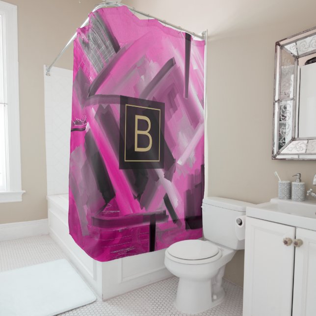Pink and Black Abstract Art Contemporary Painting Shower Curtain (In Situ)