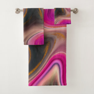 Pink and Black Abstract with Gold Swirls Bath Towel Set