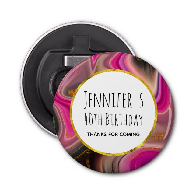 Pink and Black Abstract with Gold Swirls Birthday Bottle Opener (Front)