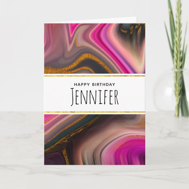 Pink and Black Abstract with Gold Swirls Birthday Card (Front)