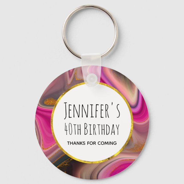 Pink and Black Abstract with Gold Swirls Birthday Key Ring (Front)