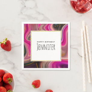 Pink and Black Abstract with Gold Swirls Birthday Napkin