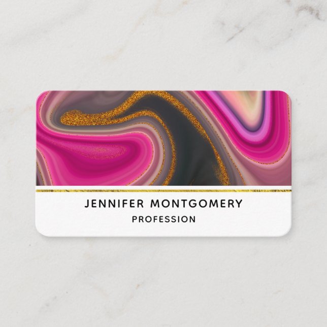 Pink and Black Abstract with Gold Swirls  Business Card (Front)