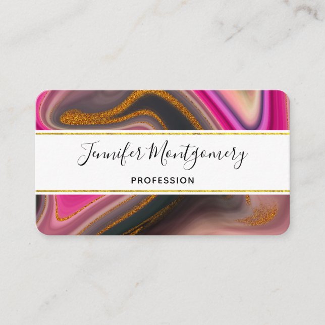 Pink and Black Abstract with Gold Swirls  Business Card (Front)