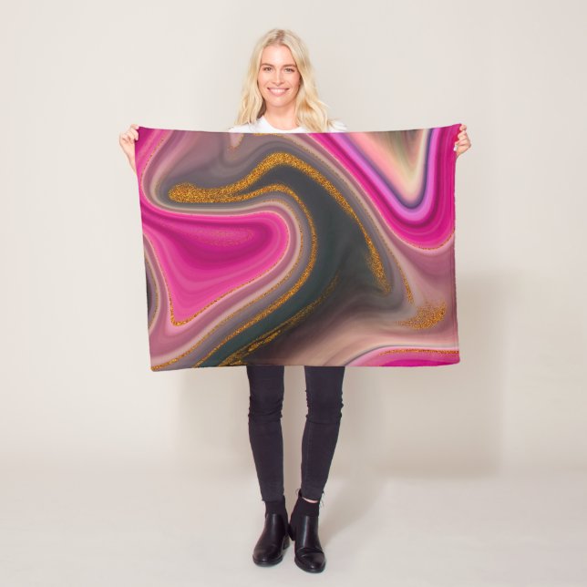 Pink and Black Abstract with Gold Swirls Fleece Blanket (In Situ)