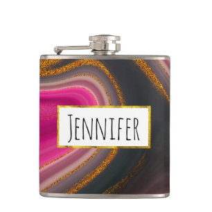 Pink and Black Abstract with Gold Swirls Hip Flask