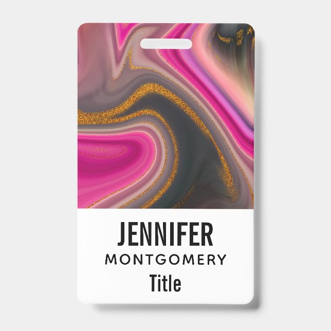 Pink and Black Abstract with Gold Swirls  ID Badge (Front)
