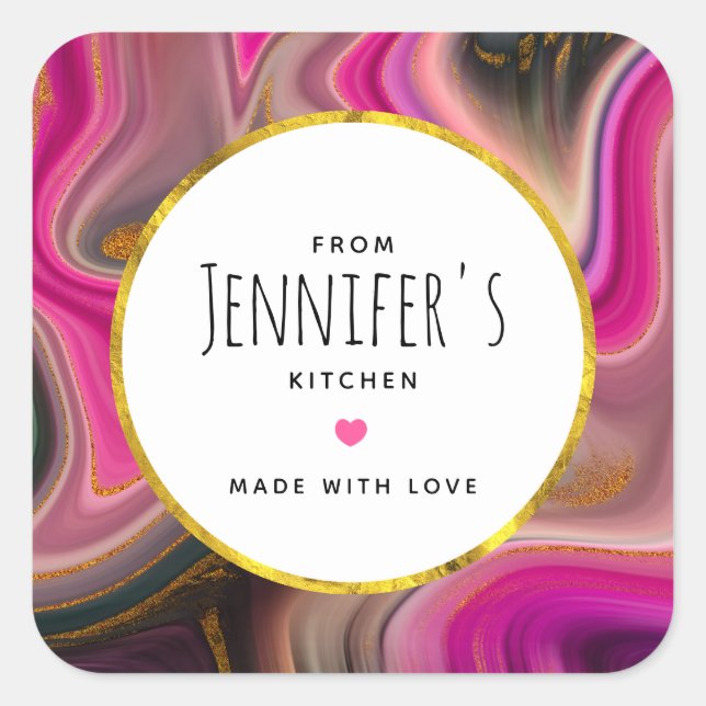 Pink and Black Abstract with Gold Swirls Kitchen Square Sticker (Front)