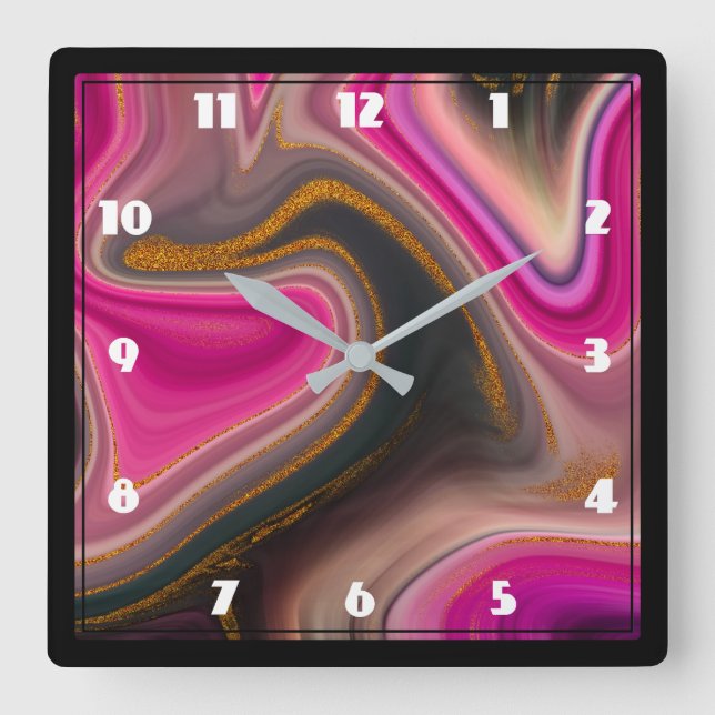 Pink and Black Abstract with Gold Swirls  Large C Square Wall Clock (Front)