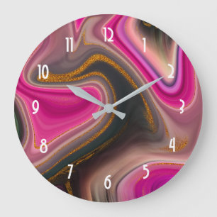 Pink and Black Abstract with Gold Swirls Large Clock