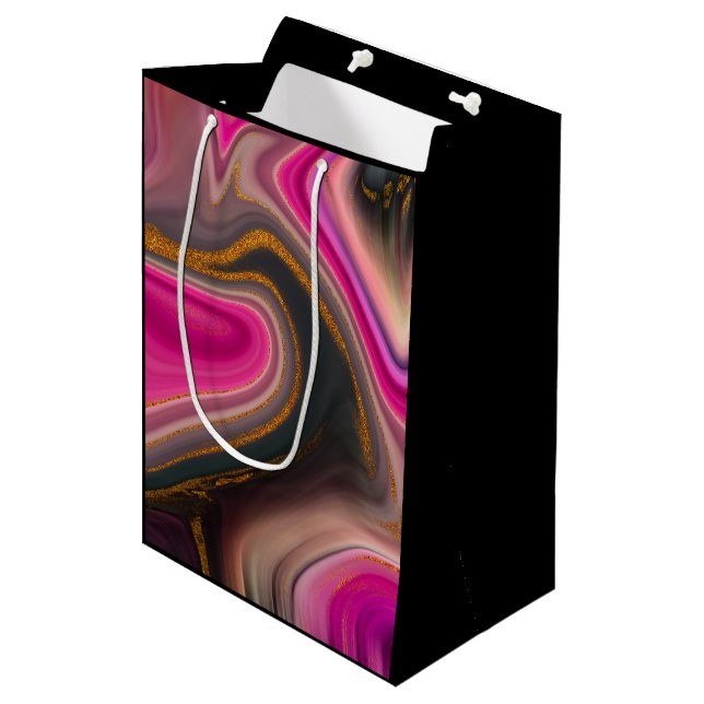 Pink and Black Abstract with Gold Swirls Medium Gi Medium Gift Bag (Front Angled)