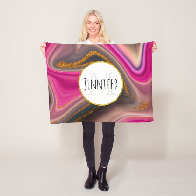 Pink and Black Abstract with Gold Swirls Monogram Fleece Blanket (In Situ)