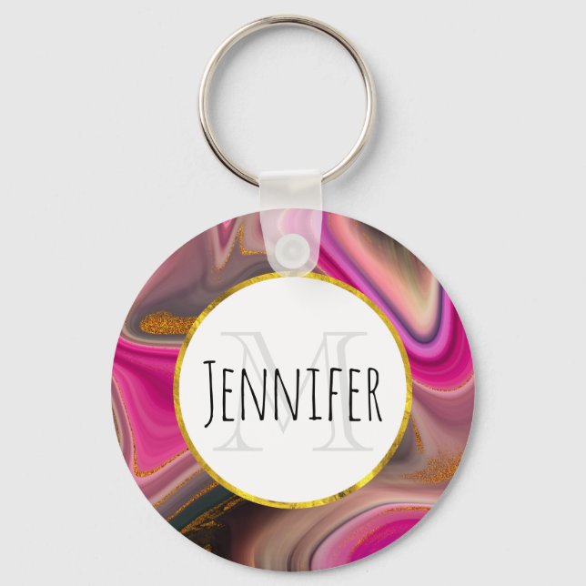 Pink and Black Abstract with Gold Swirls Monogram Key Ring (Front)