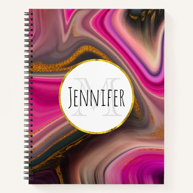 Pink and Black Abstract with Gold Swirls Monogram Notebook (Front)